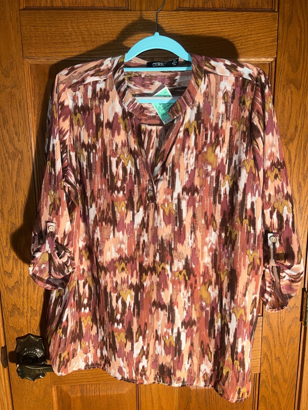 Cure Rust Blush Olive Print Roll-Tab Blouse